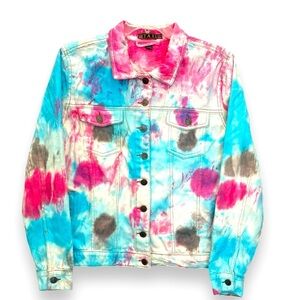 TAXI Size Large Blue/Pink/Purple Tie Dye 100% Cotton White Denim Jean Jacket